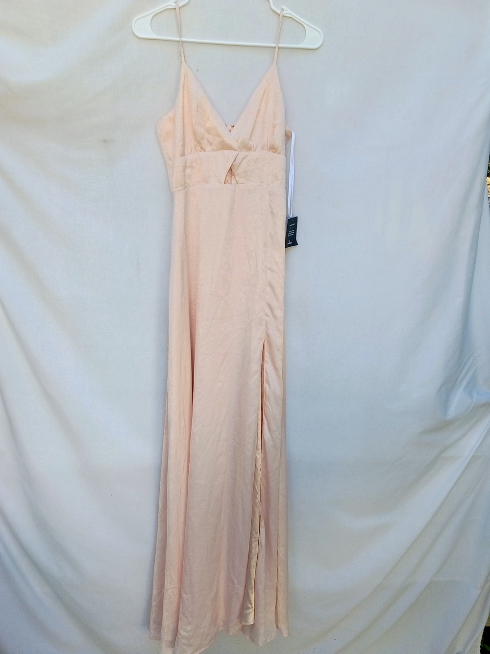Lulus Pale Endless Elegance Peach Satin High Slit Maxi Slip Dress Formal Small